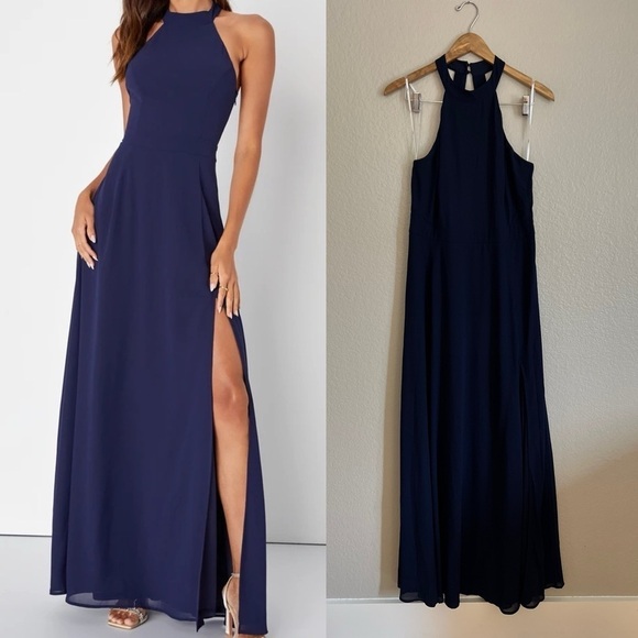 Confidently Charismatic Navy Blue Backless Halter Maxi Dress - Picture 1 of 8
